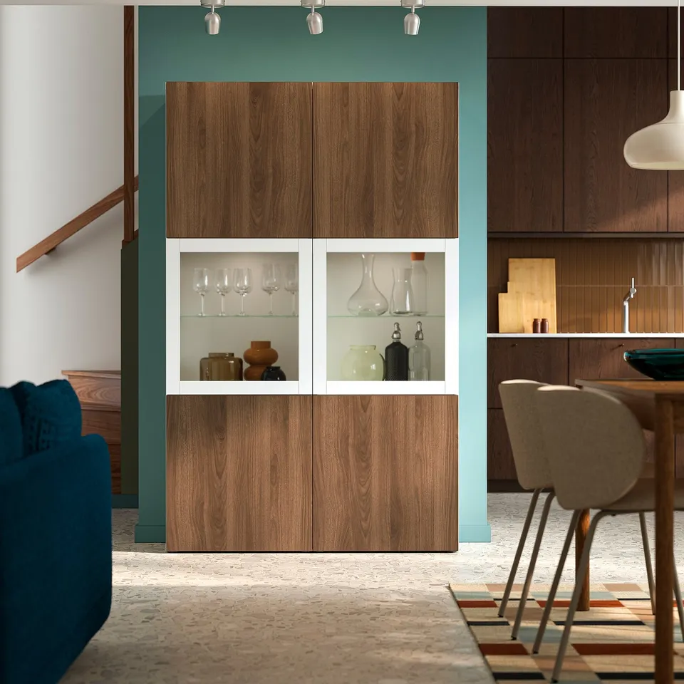 BESTÅ Storage combination w glass doors, white Lappviken/brown walnut effect, 120x42x193 cm