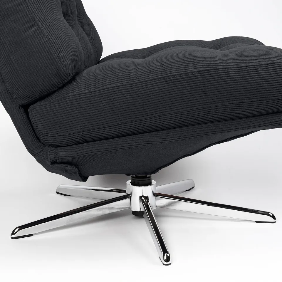 Modern swivel chair with dark corduroy upholstery and stylish chrome base. Designed for comfort and durability.
