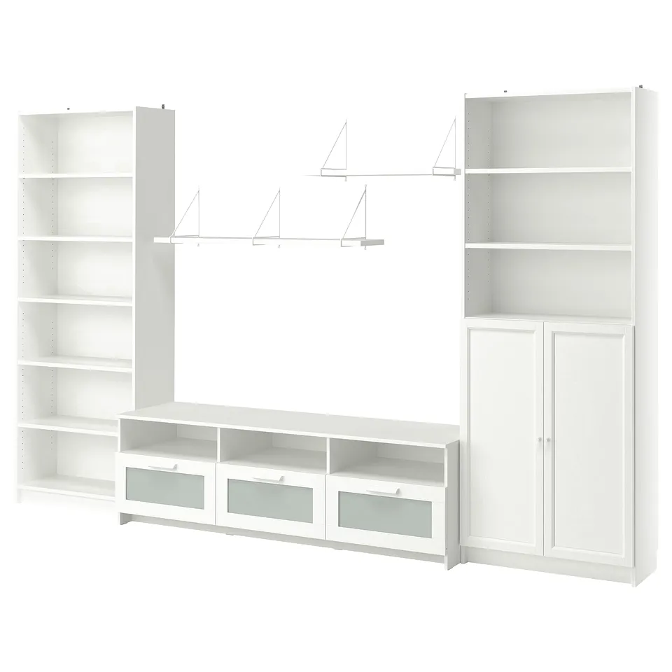 White BILLY furniture set: bookshelves, tv bench, cabinets with adjustable shelves and glass doors.