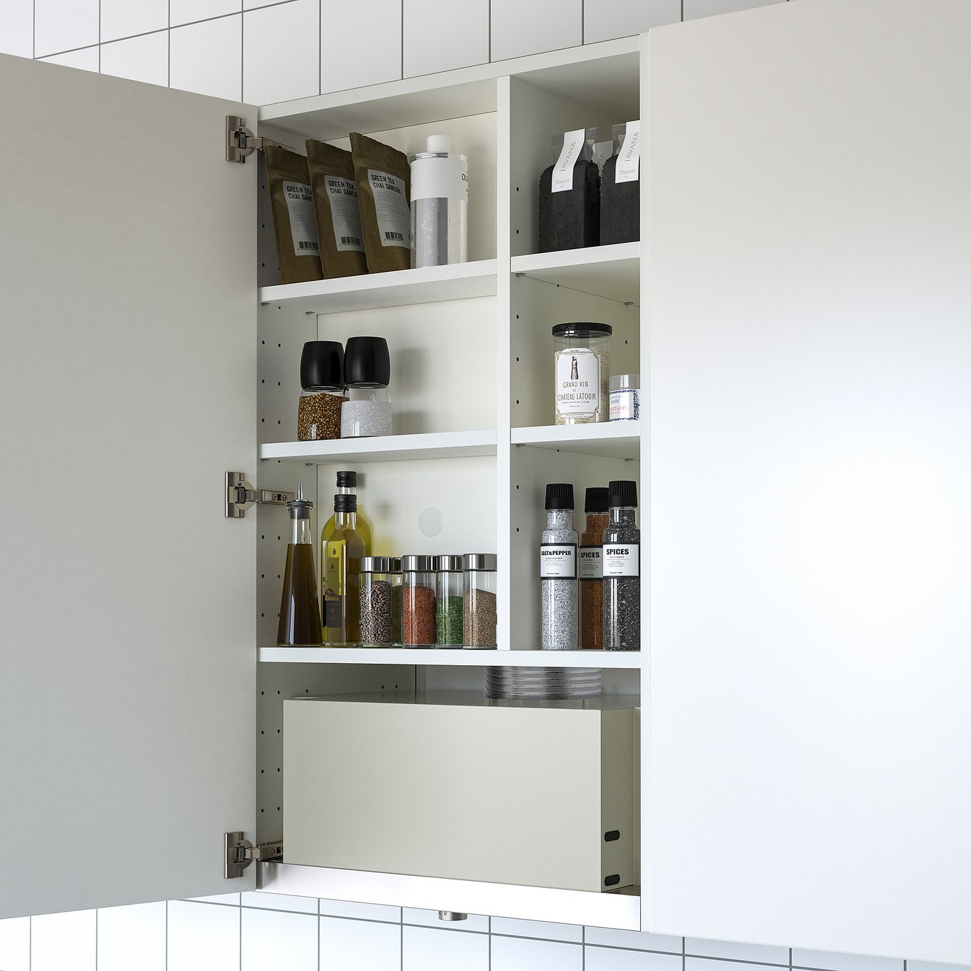 A modern white wall cabinet with three shelves storing various kitchen items like spices, oils, and bags.