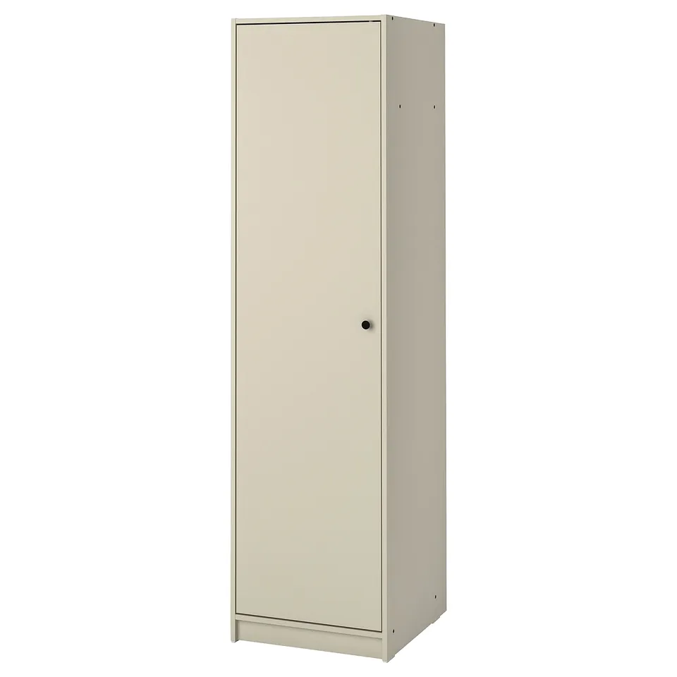 A tall, beige GURSKEN wardrobe with a single door, made of fiberboard and particleboard, standing against a white background.