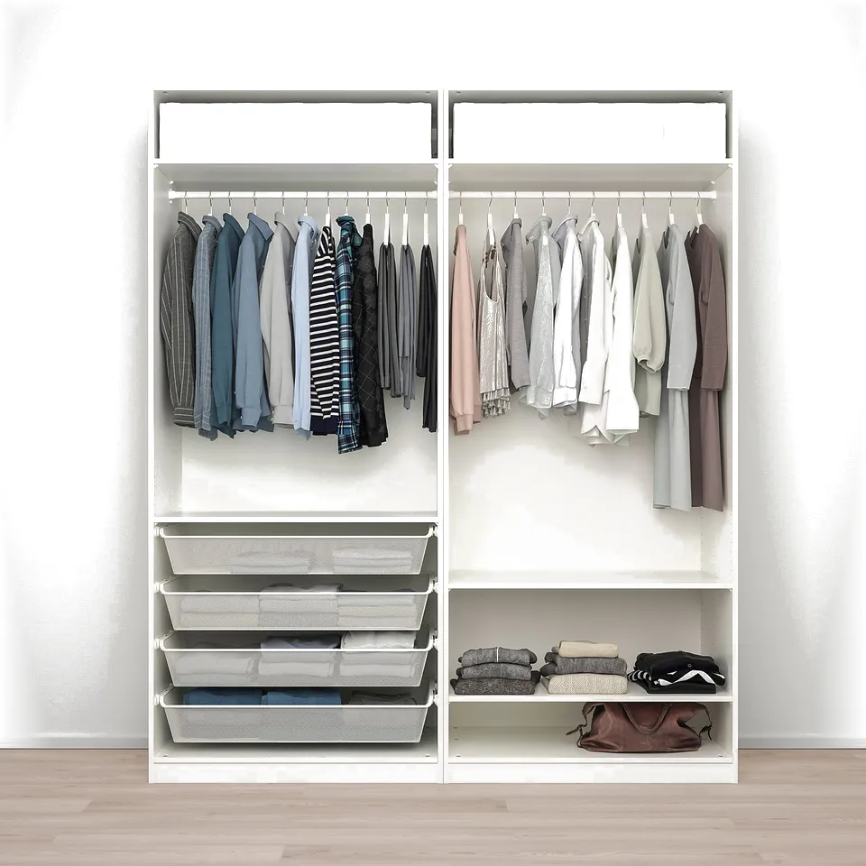 Modern wardrobe with clothes, shelves, and mesh drawers for storage.