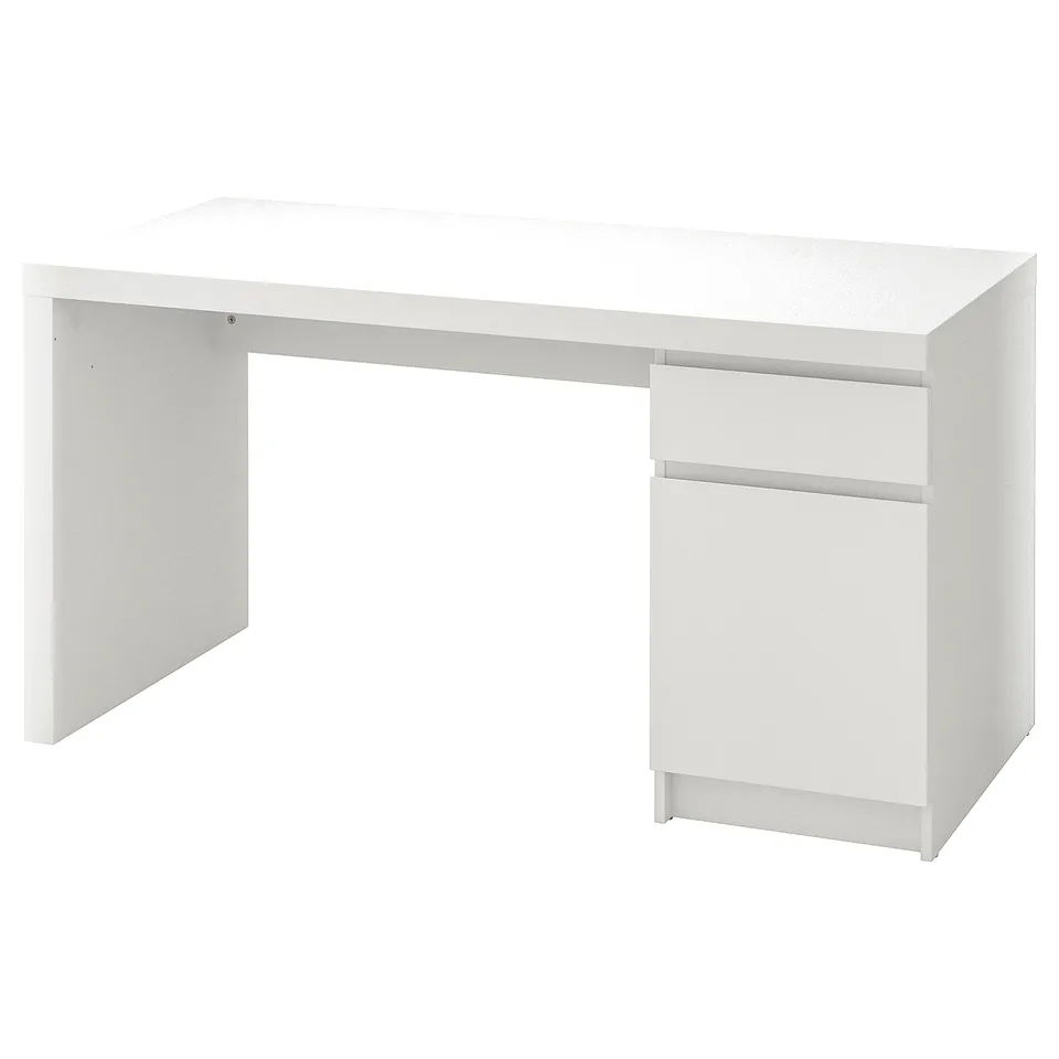A white ikea MALM desk with a rectangular top, minimalist design, and storage unit on the right side.