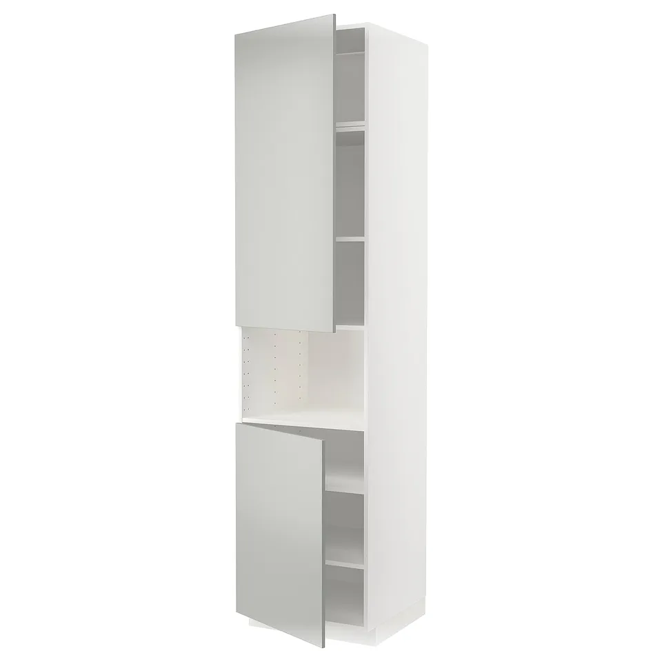 Displays a white METOD kitchen cabinet with two open sections and one fixed shelf, featuring a modern and clean design.