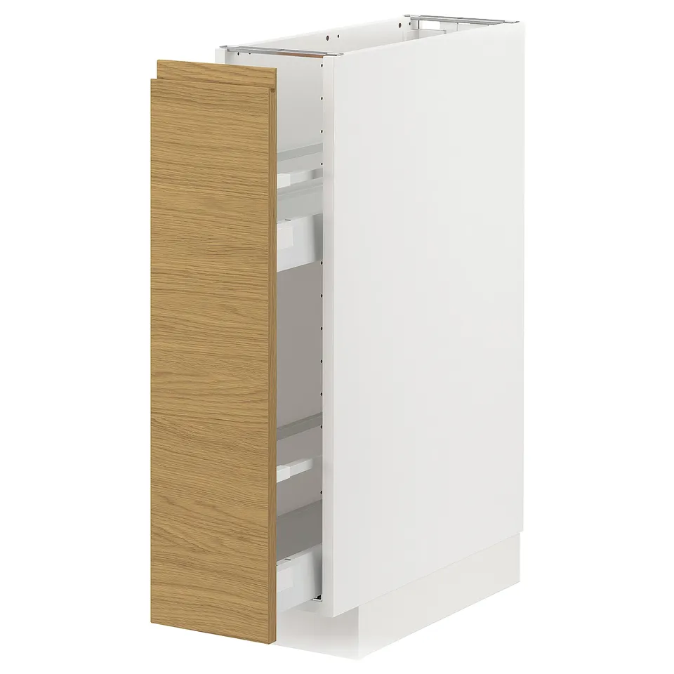 Modern white kitchen cabinet with minimalist oak door.