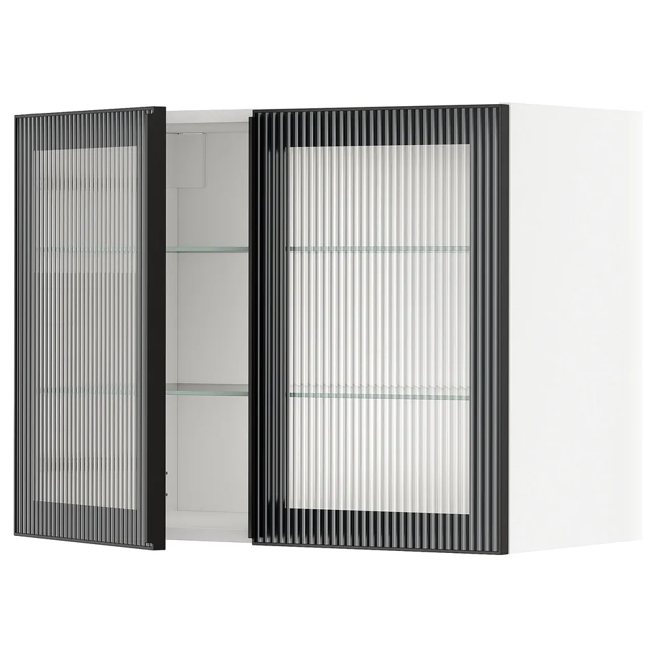 Modern kitchen cabinet with black reeded glass doors, featuring an aluminium frame and three glass shelves.