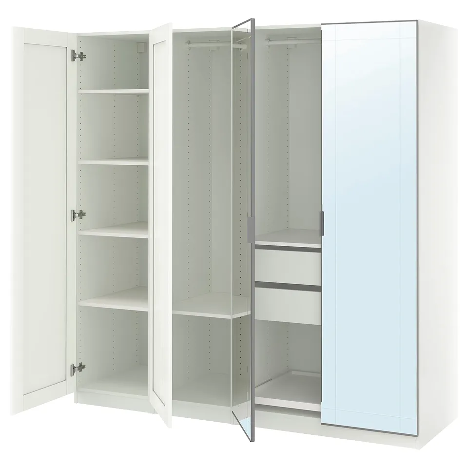 White wardrobe: PAX, with mirrors, multiple shelves, and soft-close doors.