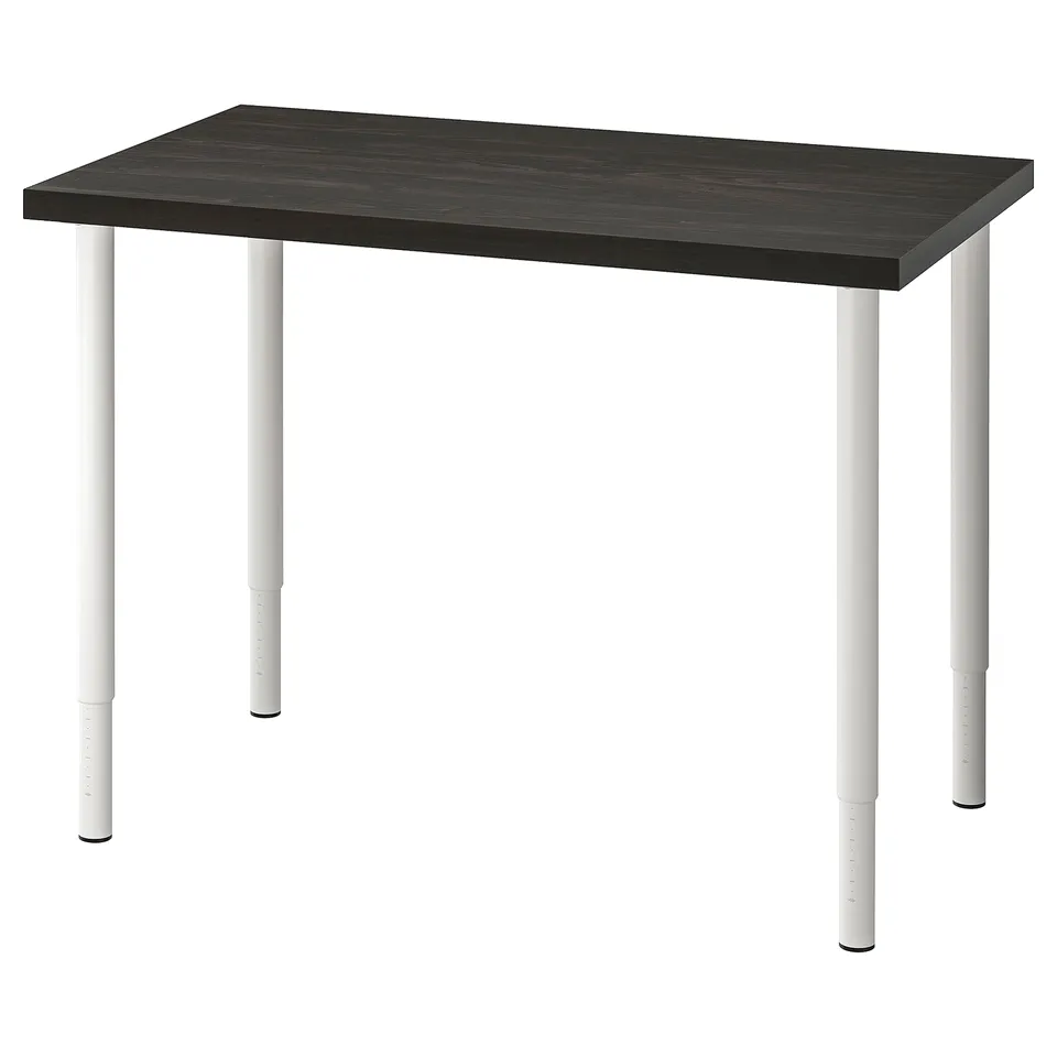 Rectangular black desk with white adjustable legs. Modern, minimalist design. LINNMON brand. Adjustable and sturdy.