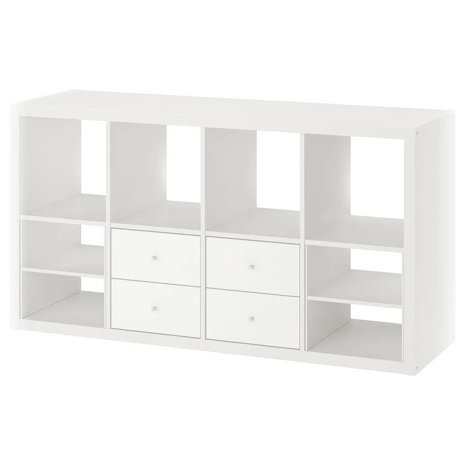White KALLAX shelving unit with drawers and open compartments.