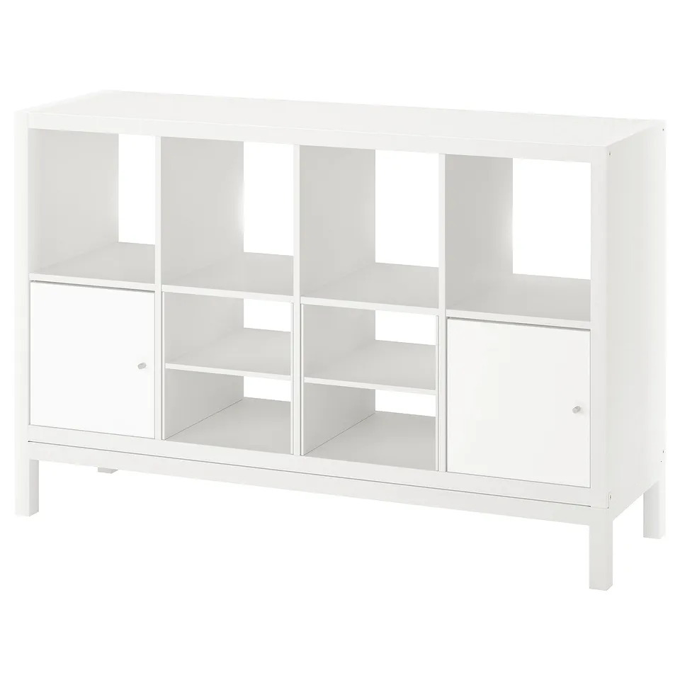White ikea KALLAX shelving, open & enclosed compartments, steel base.