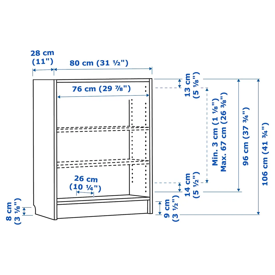 Illustration with measurements for the product: BILLY.