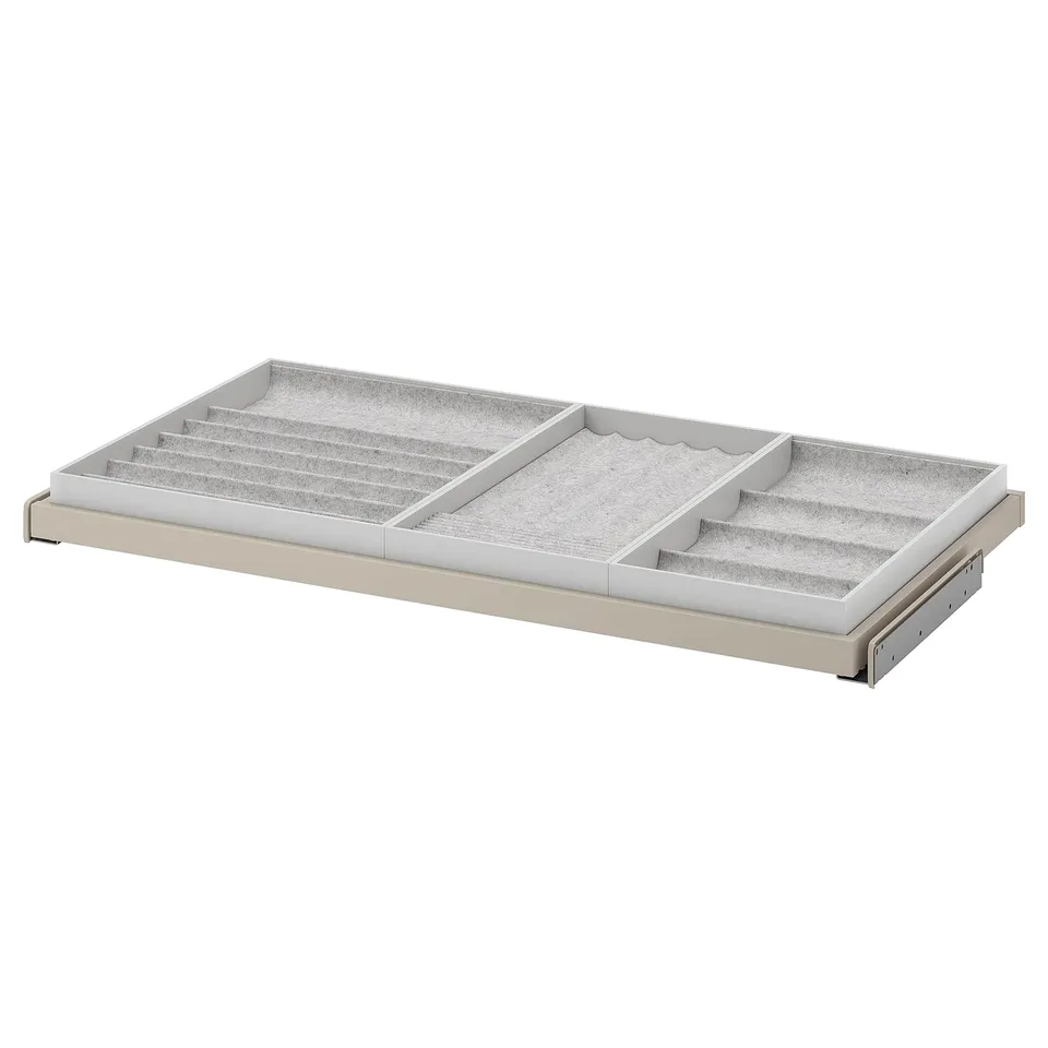 KOMPLEMENT pull-out tray, beige, wood & plastic, rectangular, dividers for accessories.