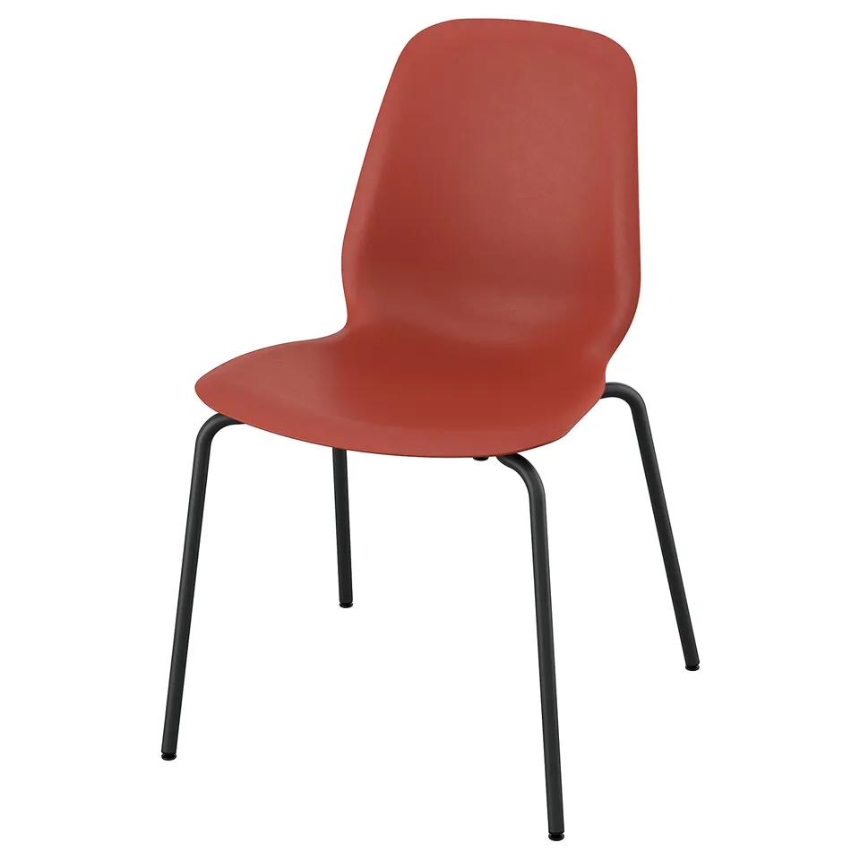Red SKÅLSTA chair, modern design with black metal legs, curved seat, durable plastic.