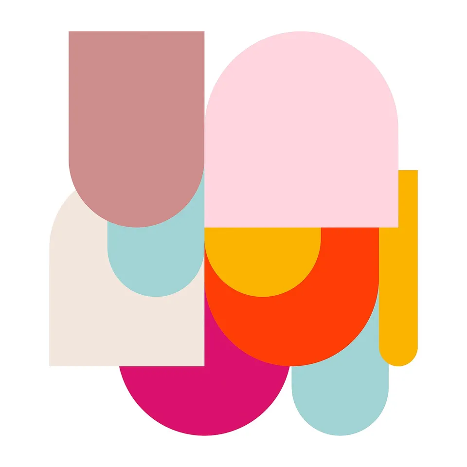 Bright coloured geometric shapes in pink, orange, and yellow, overlapping. Abstract design on white background.
