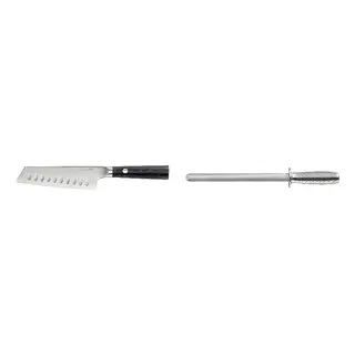 FJÄLLRÖDING/IKEA set: santoku knife + sharpening rod, damascus steel/black + diamond steel stainless steel, 16 cm