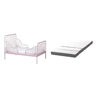 HÄMPLING/MINNEN set: ext bed frame with slatted bed base + 3D mattress for extendable bed, light pink, 80x200 cm