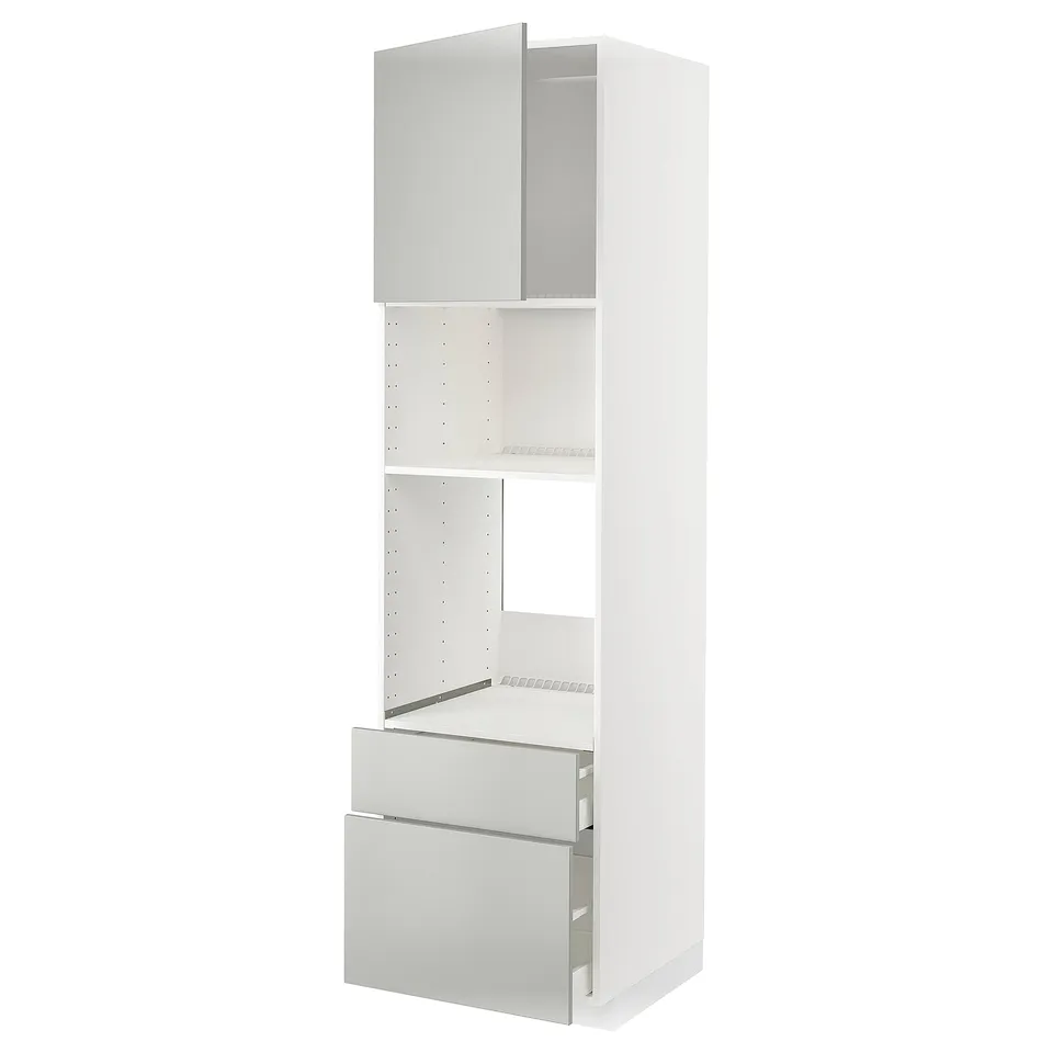 Ikea METOD white cabinet, light grey drawers, modern design, three shelves.