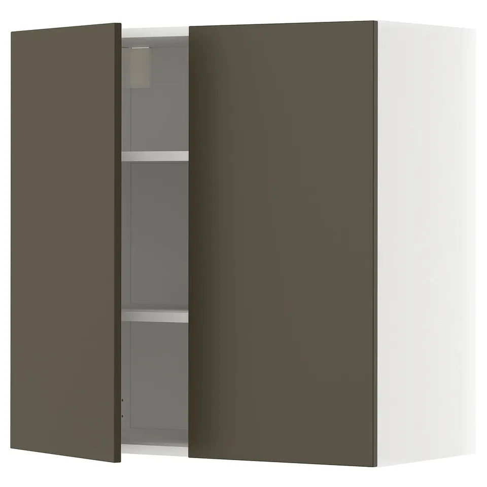 Dark brown wall cabinet, part of METOD kitchen system. Two doors with beige tone & adjustable shelf.