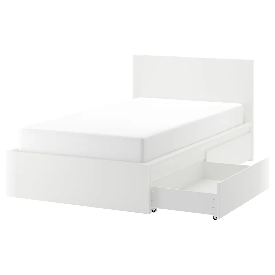 White MALM bed with one open storage drawer, sleek modern design.