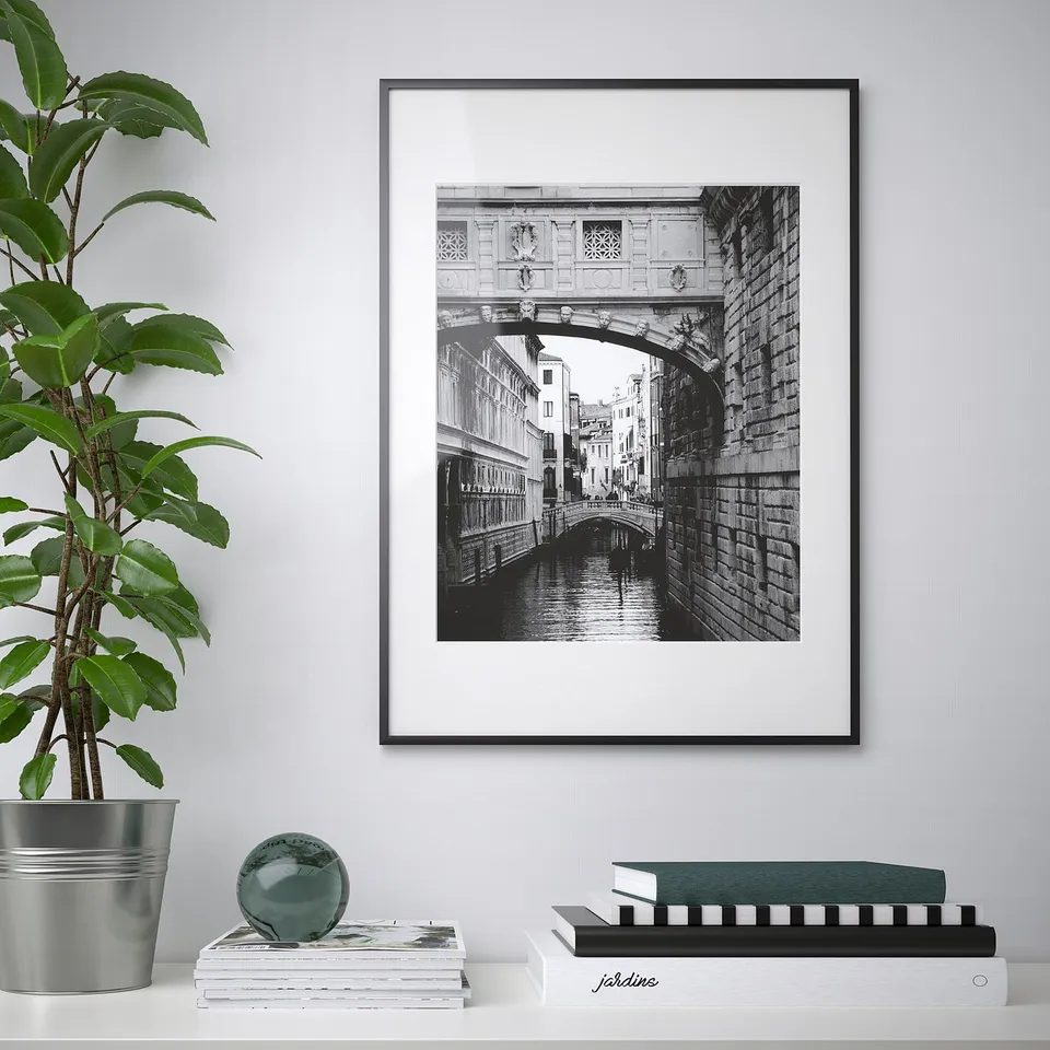 A styled wall display with a framed black and white a venetian bridge, a potted plant, and stacked books.