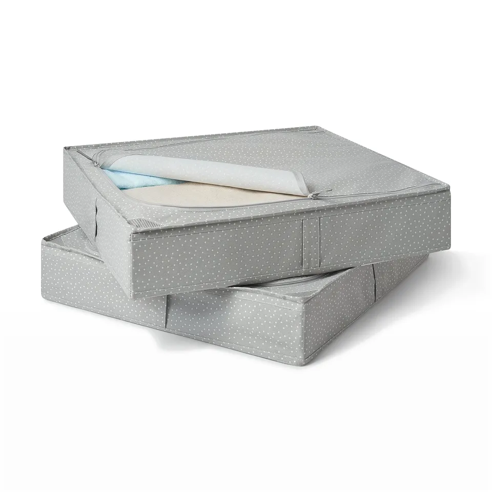 Two grey fabric boxes stacked, with zippers on both ends, for organising kids items. Clutter-free storage, folds flat when empty.