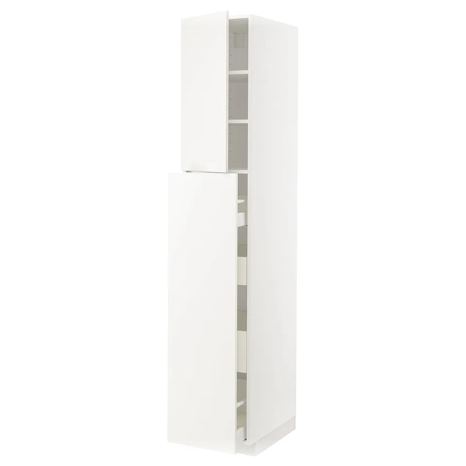 White METOD kitchen cabinet, tall with open door showing shelves.