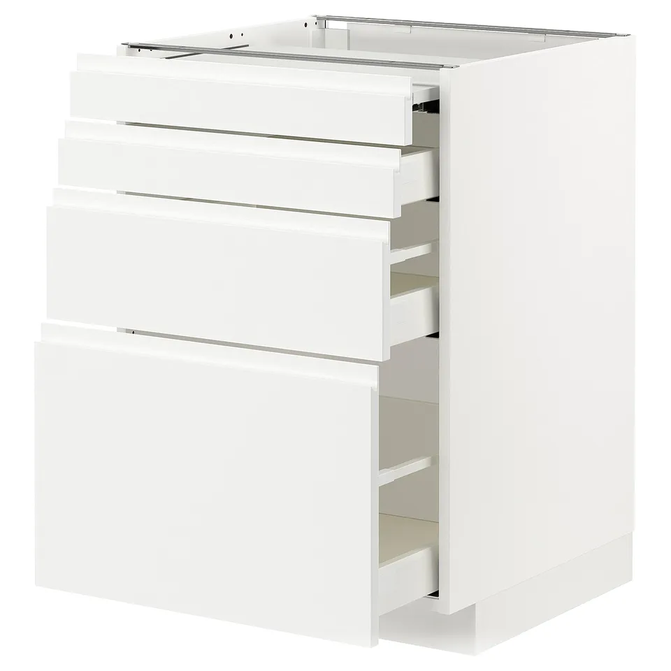 METOD kitchen unit in white with three drawers. Modern, minimalist design with integrated handles.