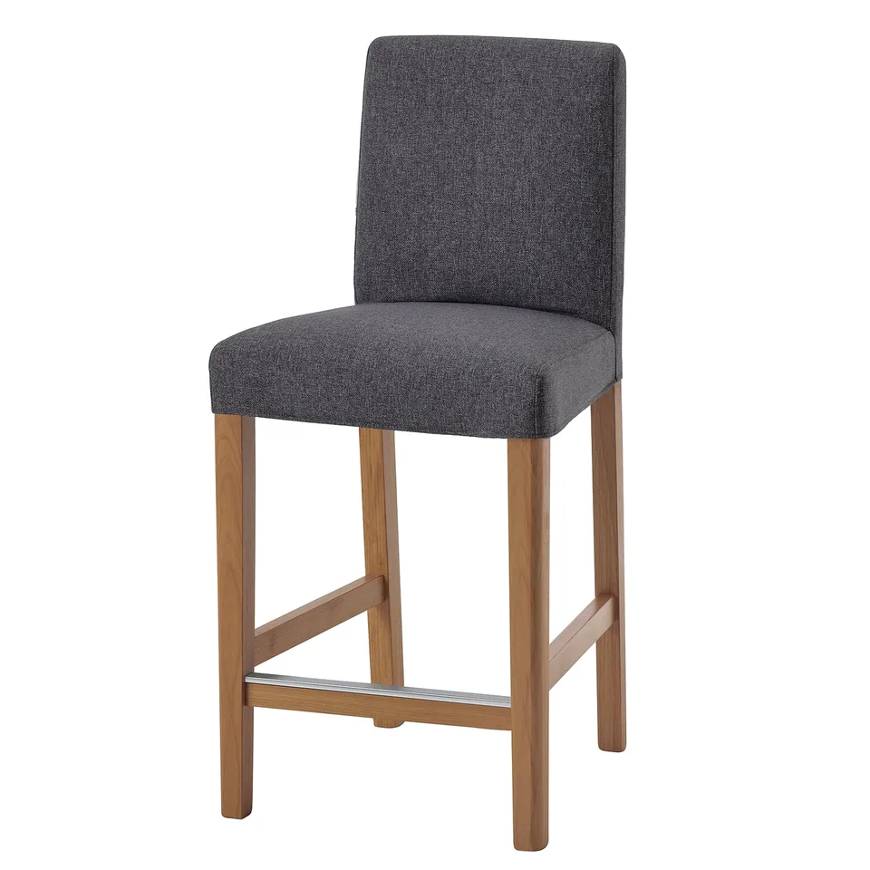 Grey BERGMUND bar stool: wooden base, cushioned seat, backrest for comfort.