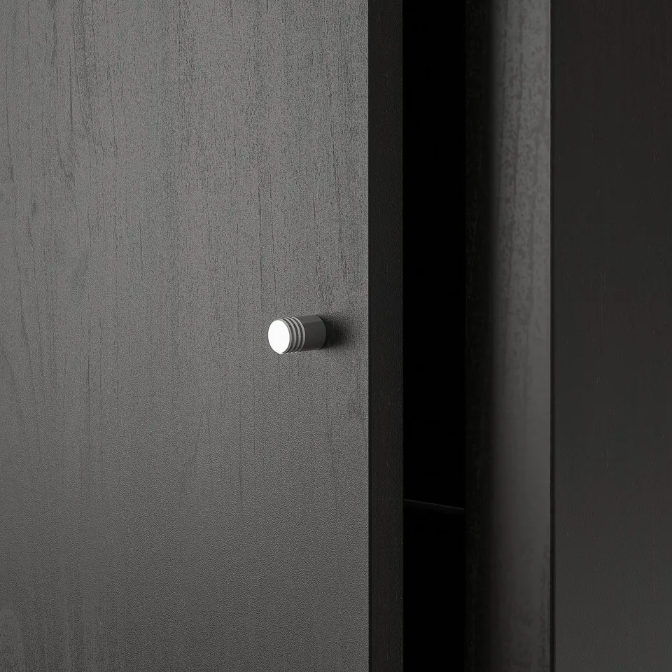 Dark wooden door with round, metallic, recessed door handle, showcasing sleek and modern design.