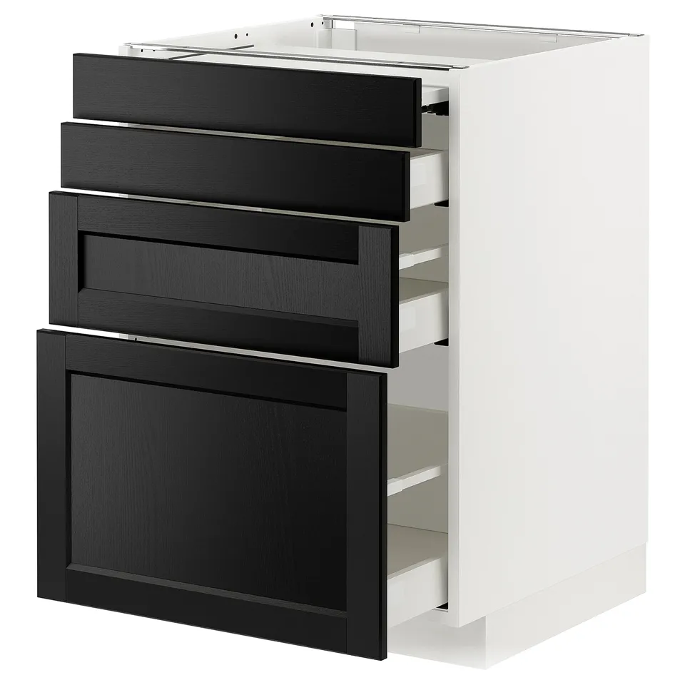 Modern black & white kitchen unit with pull-out drawers and shelves.