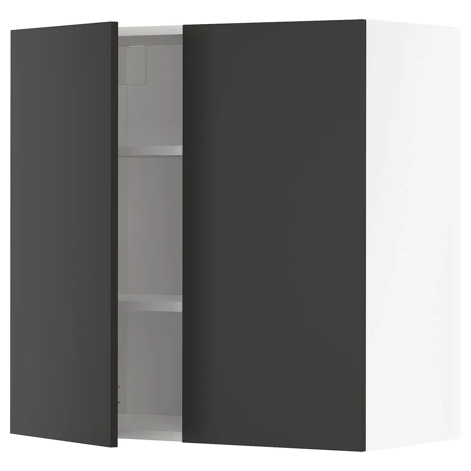 Modern black kitchen cabinet with adjustable shelf, angled view. Sleek matt finish, sturdy build, and minimalist design.