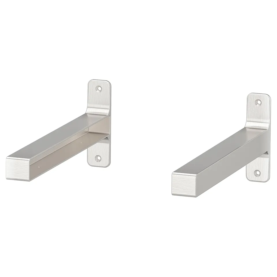 Two silver l-brackets for shelves, nickel-plated, simple design.
