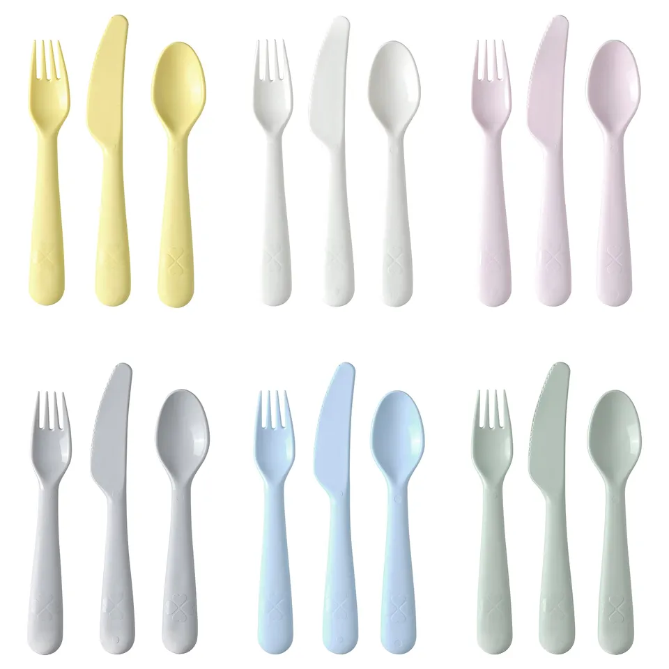 Nine colourful plastic utensil sets, each with fork, knife, and spoon, displayed in rows of pastel colours.