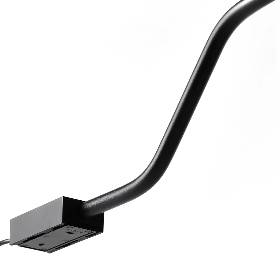 Black modern wall lamp with adjustable neck, mounted on a sleek metal bracket.