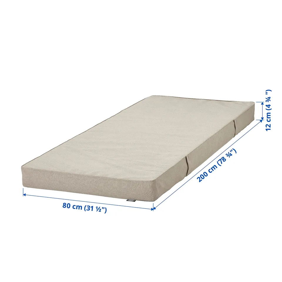 VANNAREID mattress dimensions. Beige, rectangular, 80x200cm, 12cm thick, firm with pocket springs, washable cover.