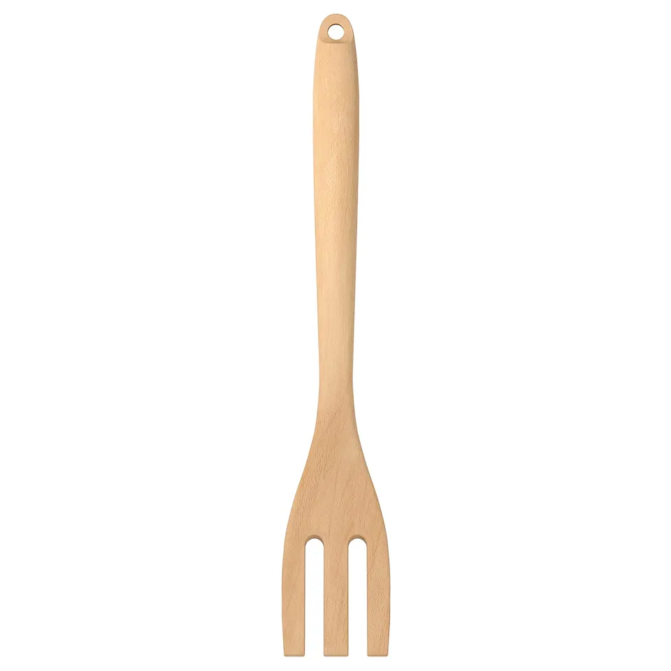 A wooden kitchen utensil named RÖRT with a brown handle and a forked tip at the end. It is designed to be gentle on cookware.