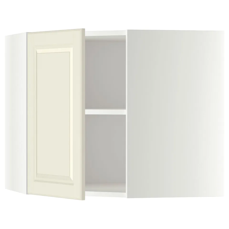 Open white cabinet, classic design, adjustable shelf, off-white paint, bevelled edges.