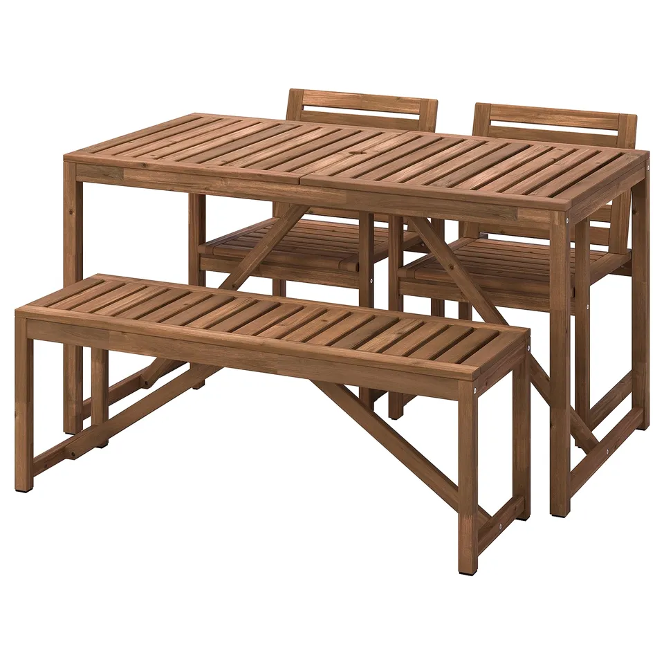 Brown acacia wood outdoor table & 4 chairs. Modern, natural look.