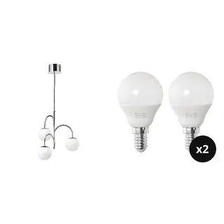SIMRISHAMN/SOLHETTA set: pendant lamp, 3-armed + LED bulb E14 470 lumen x2, chrome-plated/opal white glass + globe opal white, 55 cm