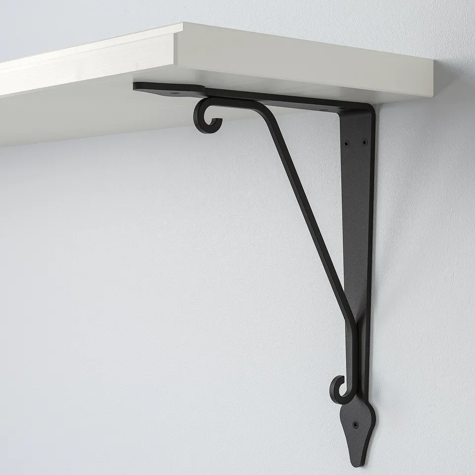 White wooden shelf supported by black metal bracket, securely attached to wall, showcasing quality and simplicity.