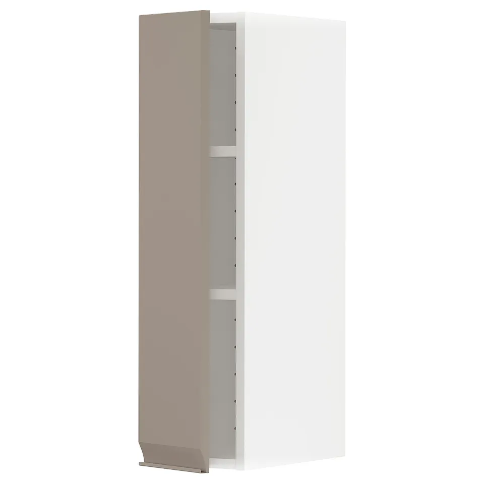 Beige kitchen cabinet, modern, integrated handle, rectangular with shelves.