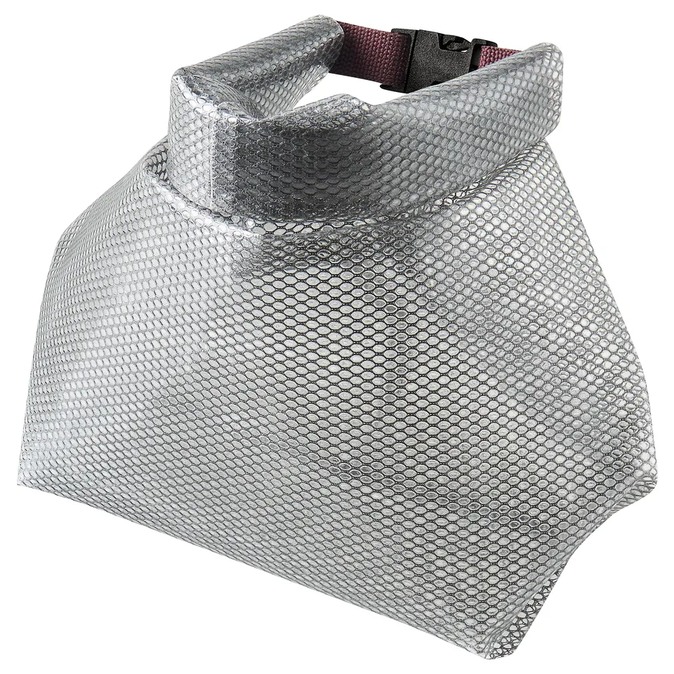 A grey SPJUTSÖ bag with a mesh design. Its waterproof, has a snap handle, and is ideal for carrying workout clothes or swimwear.