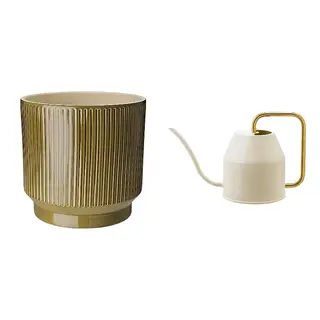 HONUNGSPALM/VATTENKRASSE set: plant pot + watering can, in/outdoor/green + ivory/gold-colour