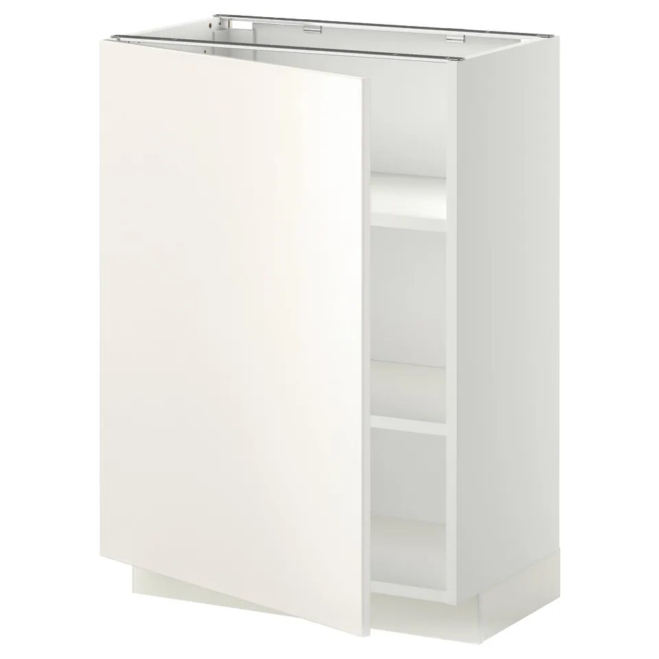 A white METOD kitchen cabinet with a smooth design. It a single door and an adjustable shelf inside.