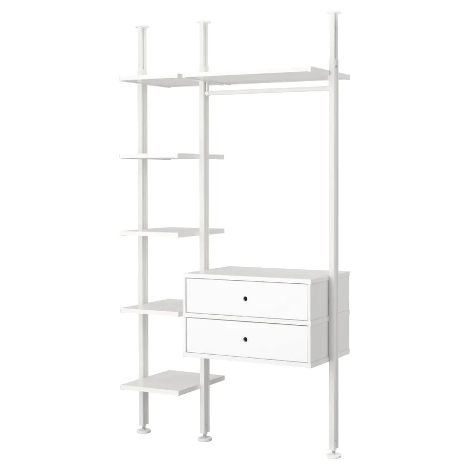 A white ELVARLI modular storage unit with shelves and drawers. Its tall, customizable, and stylish for various uses.