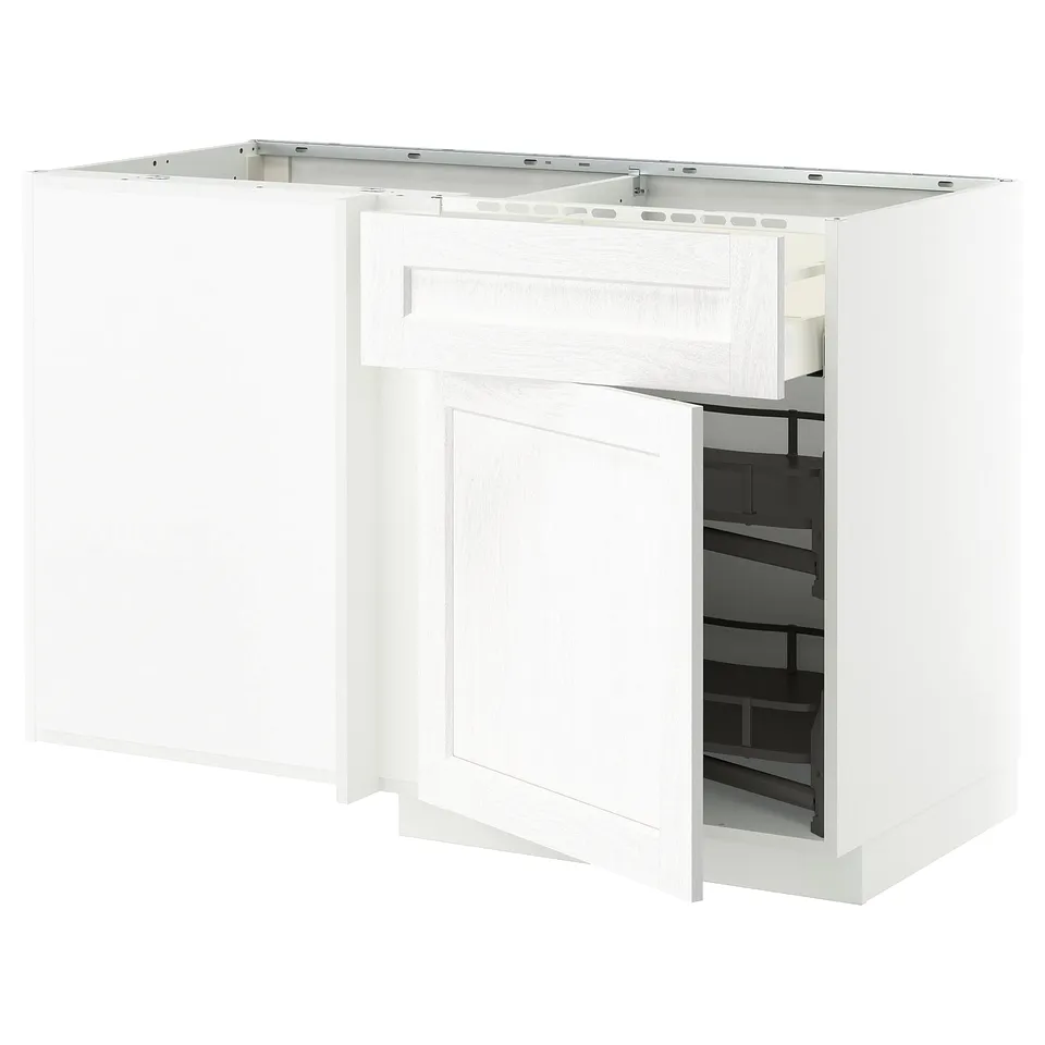 A white METOD kitchen unit with one door open, revealing shelves. Modern design, minimalist aesthetic.