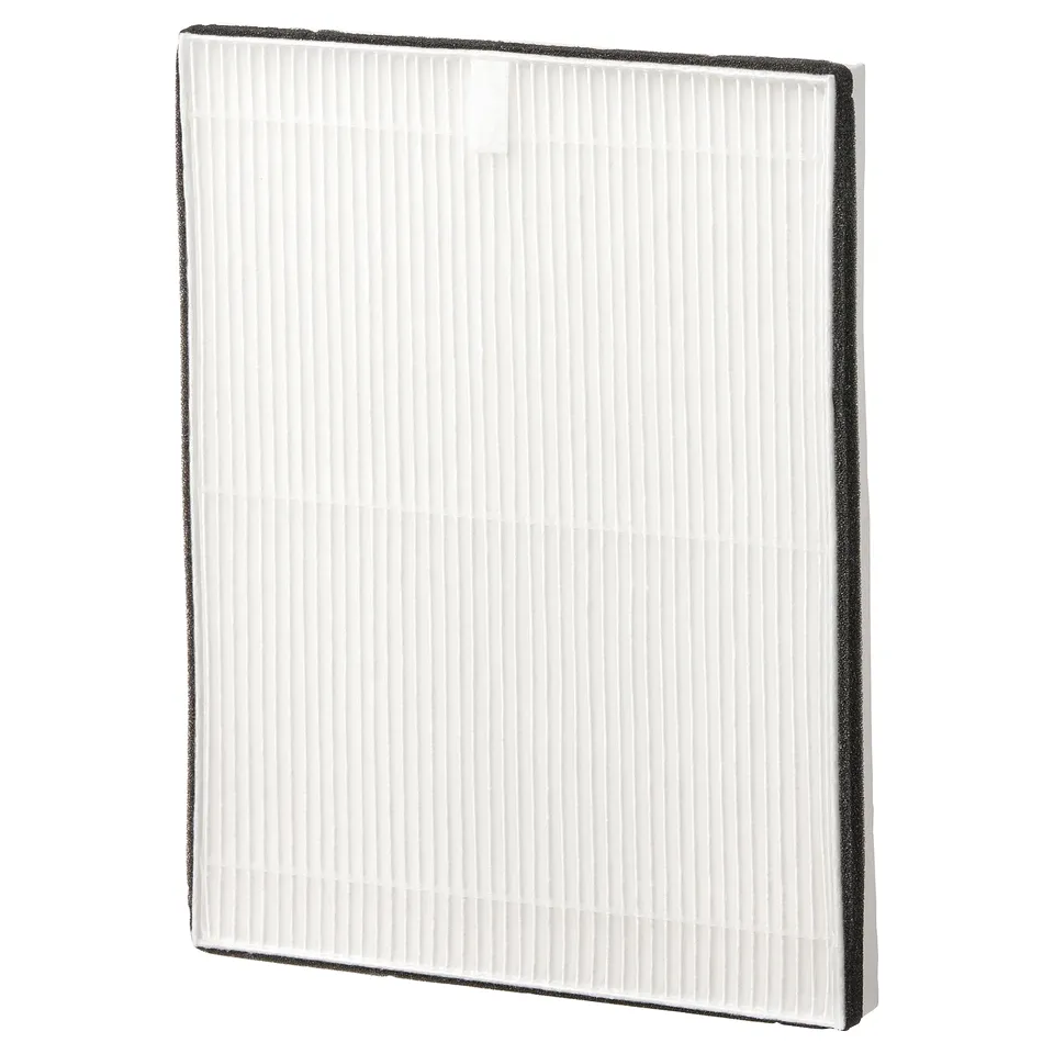A white rectangular air philtre, named UPPÅTVIND, with vertical lines, a plastic frame, and non-woven material for particle removal.