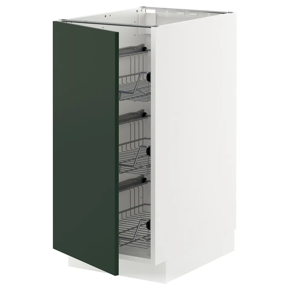 METOD kitchen cabinet in green with wire shelves.