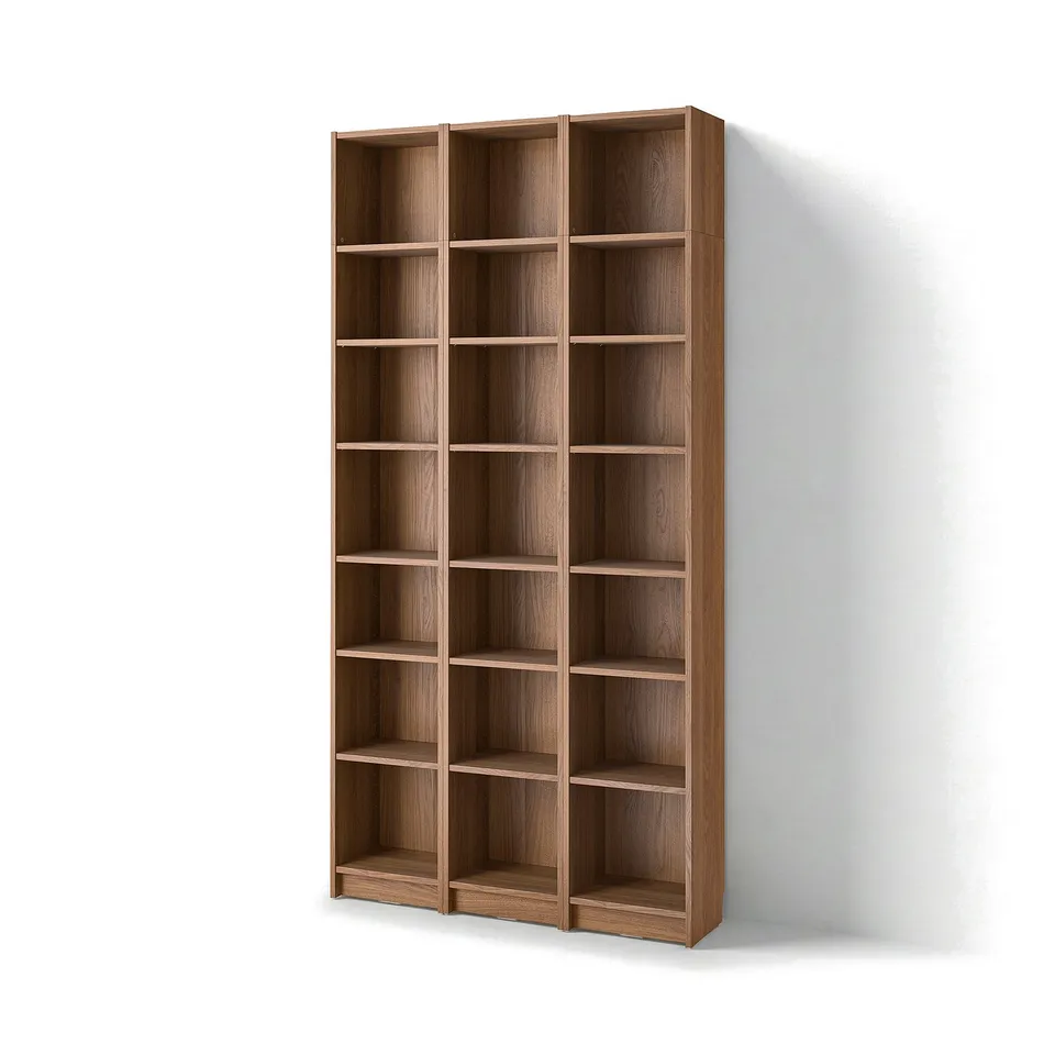 Tall wooden BILLY bookcase, light brown, square shelves, modern minimalist design.