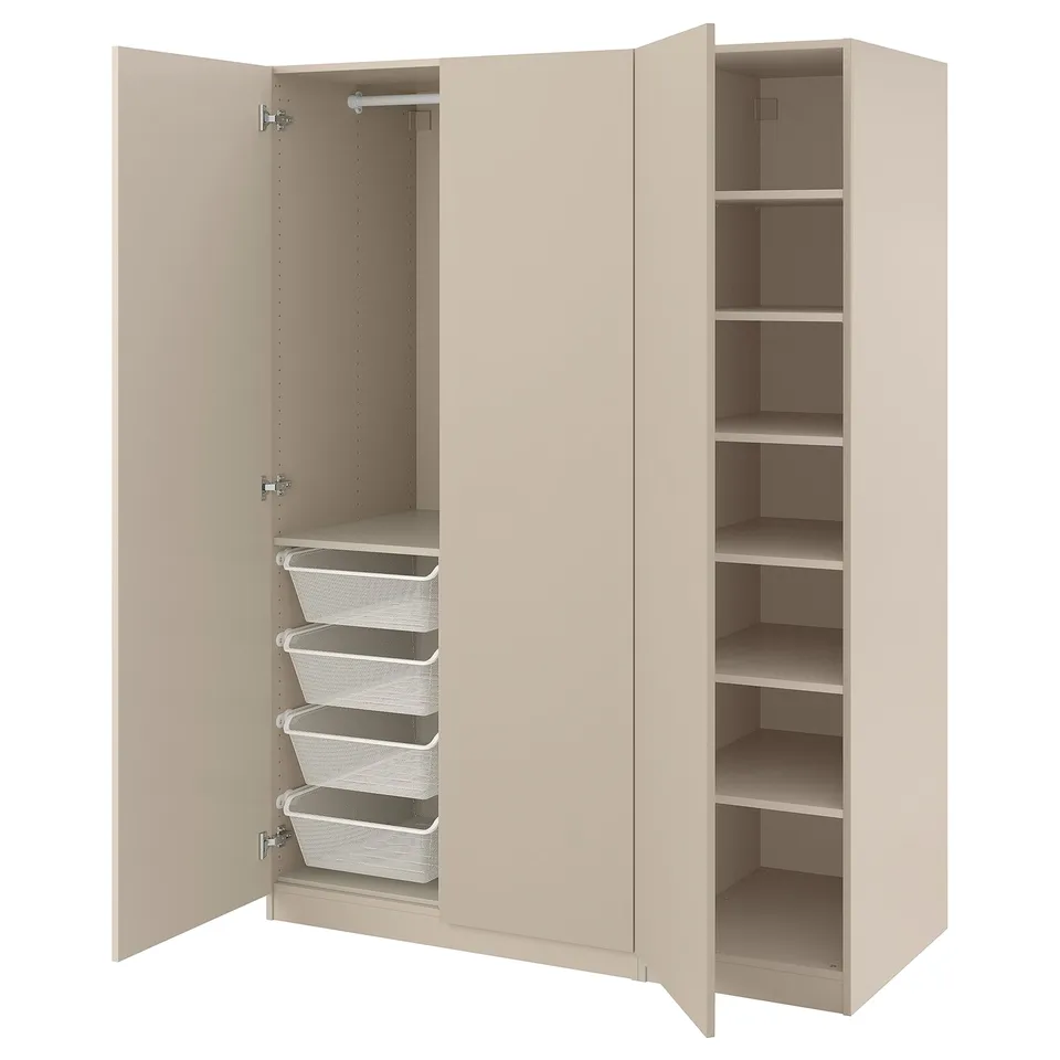An open beige PAX wardrobe with mesh baskets and adjustable shelves.